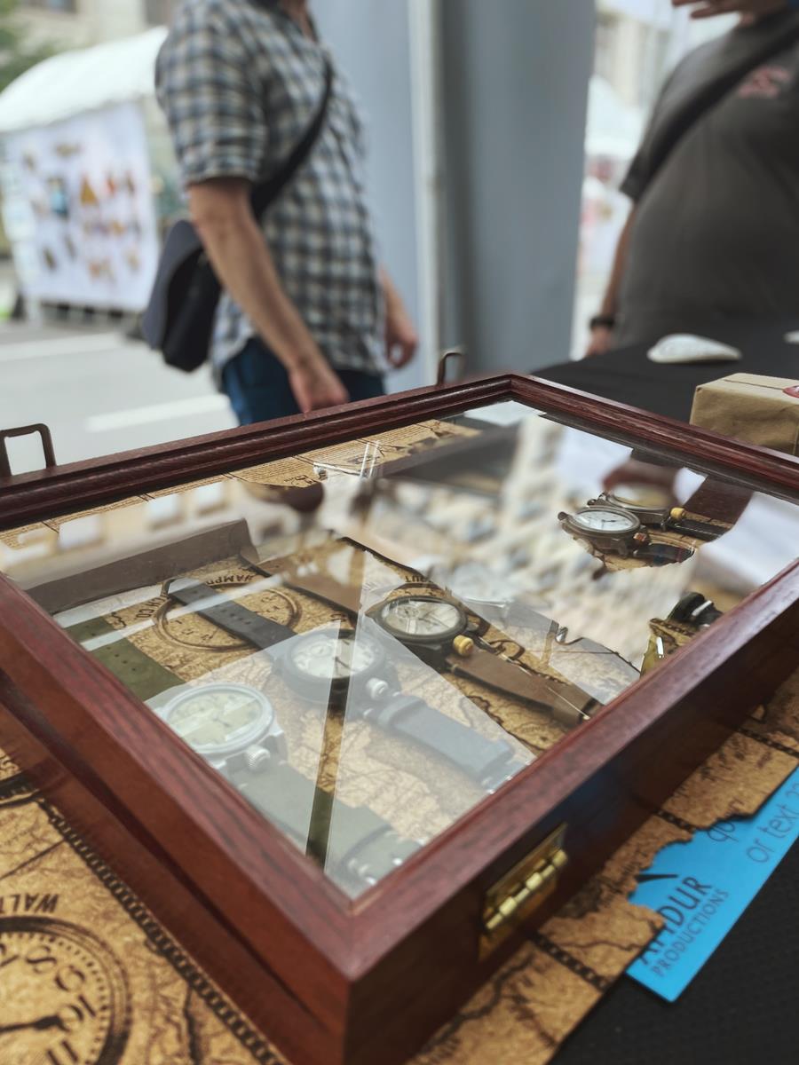 Close up of a display case for watches at a tradeshow. 