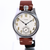 Watch with brown leather strap and white face on a white background
