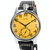 Watch with a yellow face and black leather strap on a white background