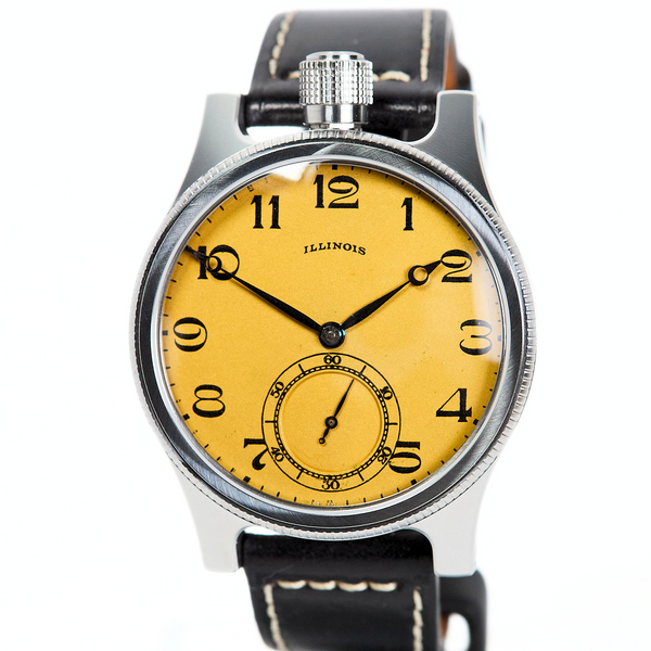 Watch with a yellow face and black leather strap on a white background