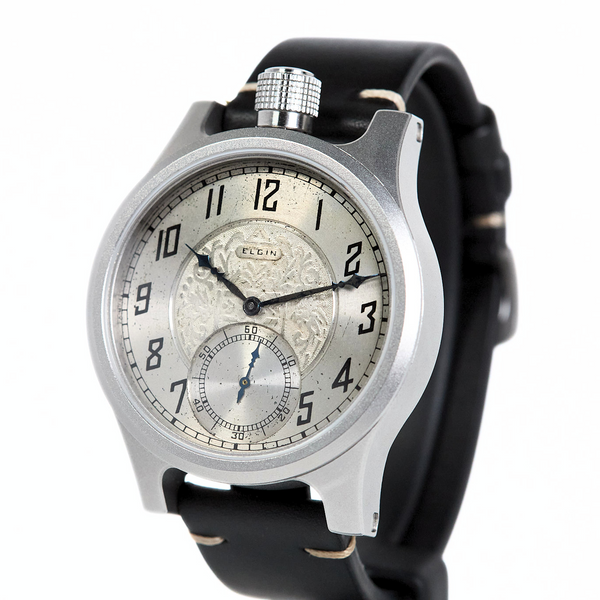 Wristwatch with black leather strap and silver case on a white background