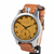 A vintage-style wristwatch with a round silver-tone case, a tan dial featuring black Arabic numerals and hands, and a brown leather strap, shown on a plain white background.
