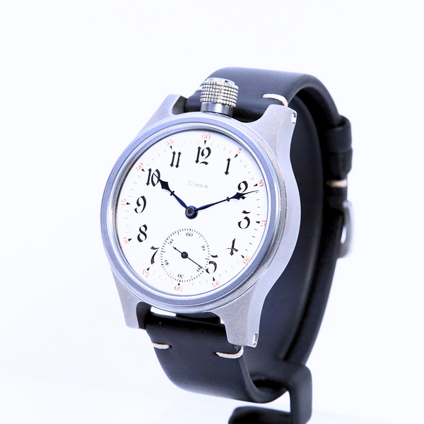 Wristwatch with a white face and black strap on a white background