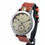 A vintage-style wristwatch with a round silver-toned case, a cream-colored dial featuring black Arabic numerals and a small subdial, and a brown leather strap with white stitching, shown on a white background.
